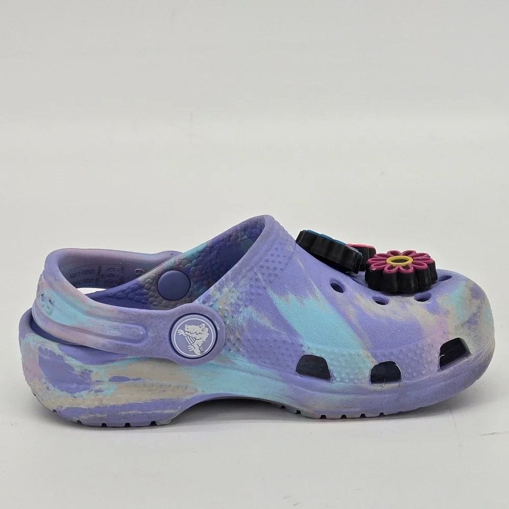 Crocs Kids‎ Classic Marbled Clog Pastel Purple Blue C9 Light Up Flower Jibbitz